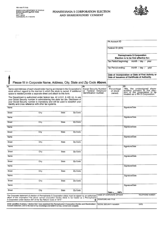 Form Rev1640 Ct Pennsylvania S Corporation Election And Shareholder'S Consent 2002