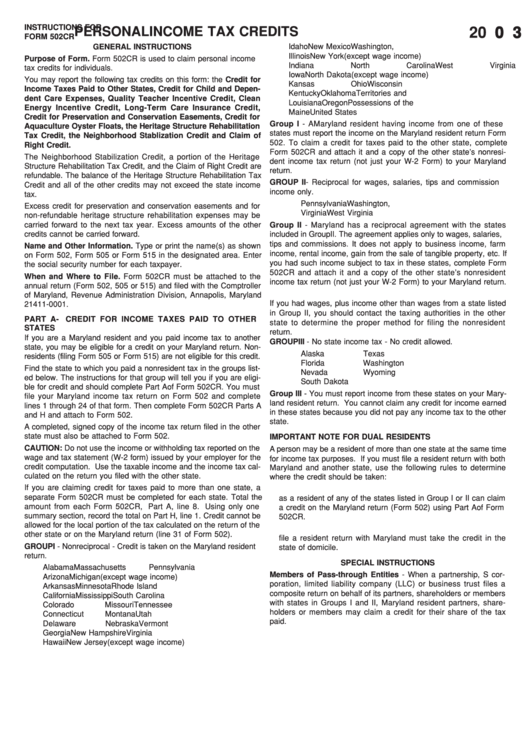 Instructions For Form 502cr Personal Tax Credits 2003