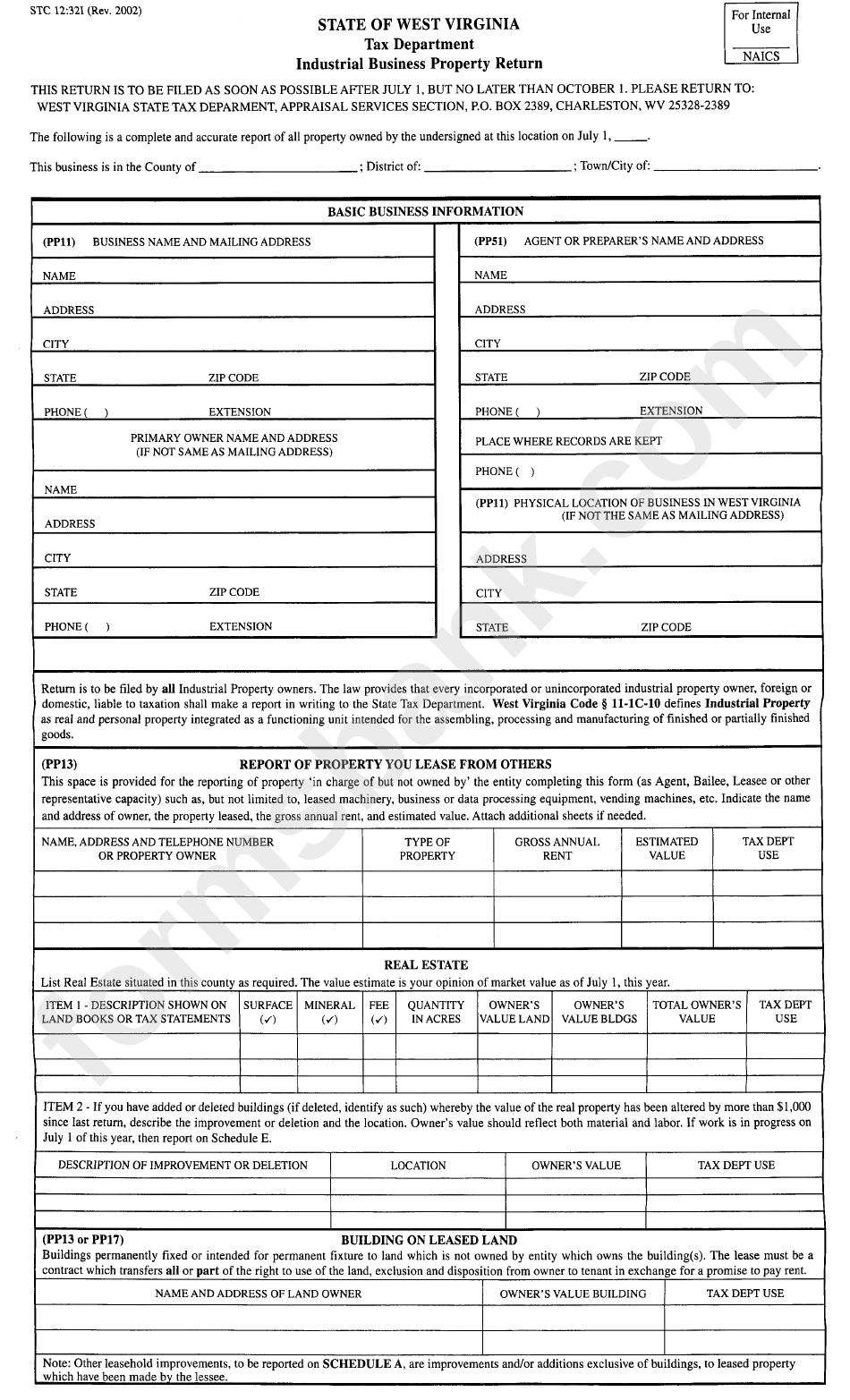 Form Stc 12321 Industrial Business Property Return printable pdf