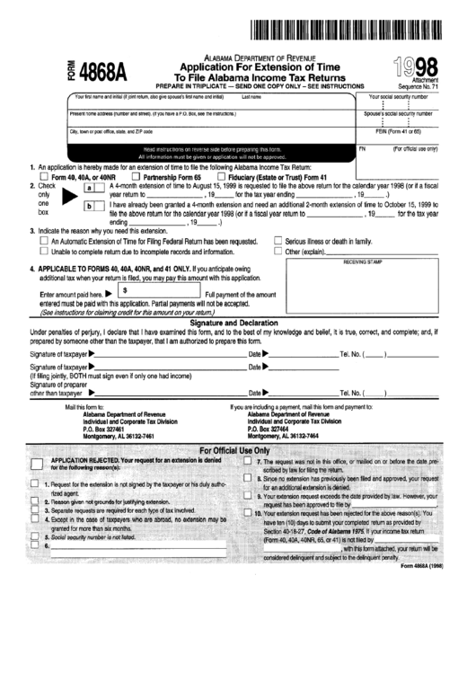 Fillable Form 4868a Application For Extention Of Time To File Alabama