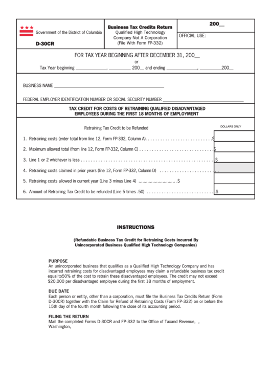 Form D30cr Business Tax Credits Return printable pdf download