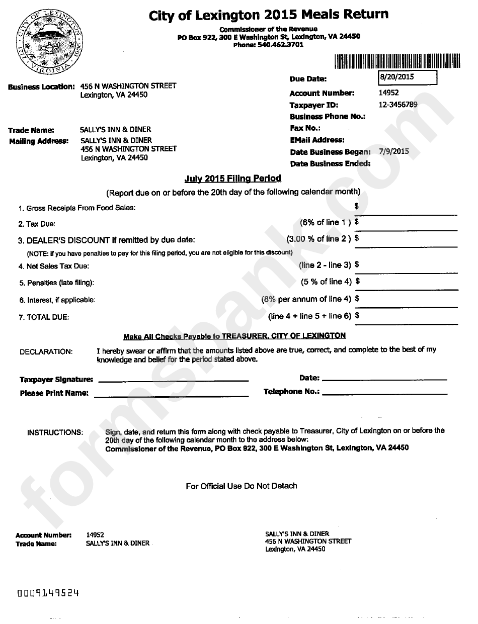 City Of Lexington 2015 Meals Return printable pdf download