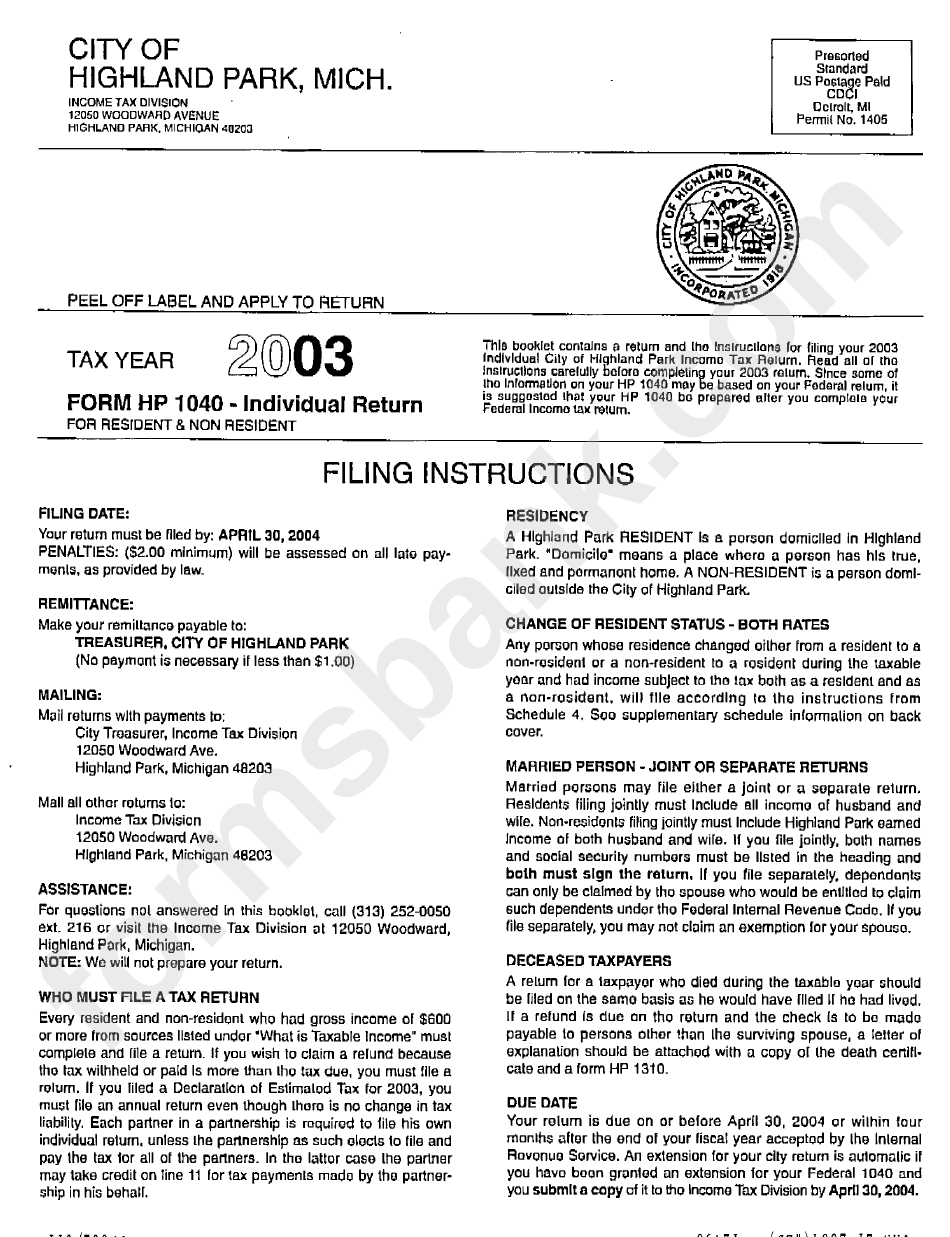 Instructions For Form Hp 1040 Individual Return For Resident And Non
