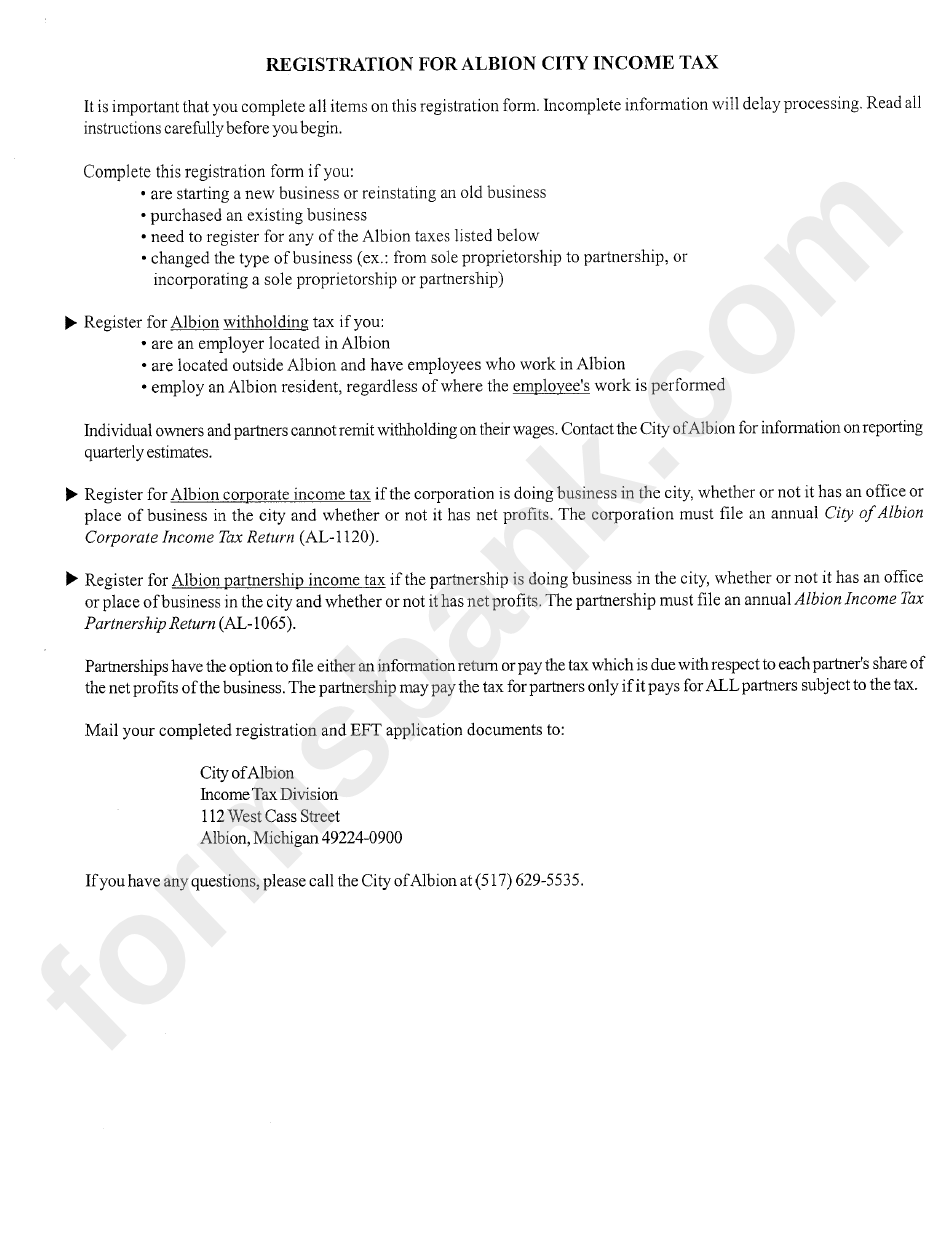 Registration For Albion City Tax Instructions printable pdf download