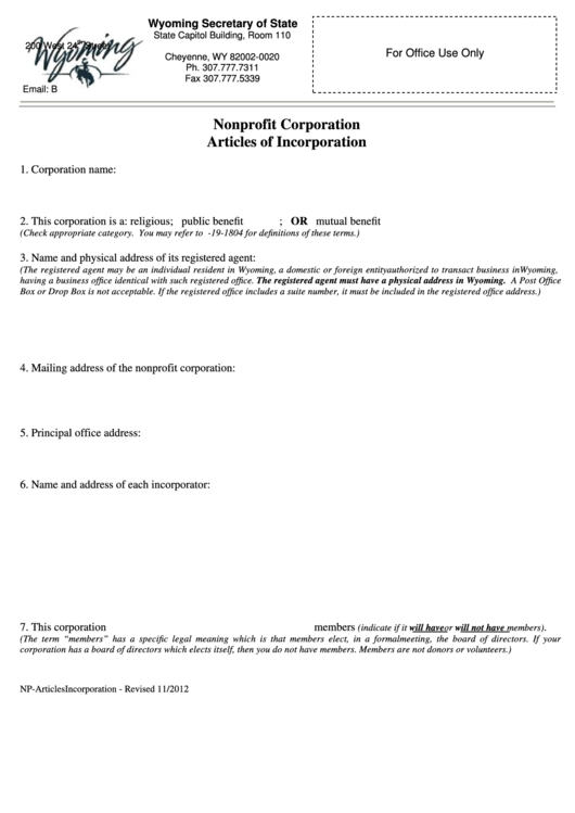 Fillable Nonprofit Corporation Articles Of Incorporation Wyoming