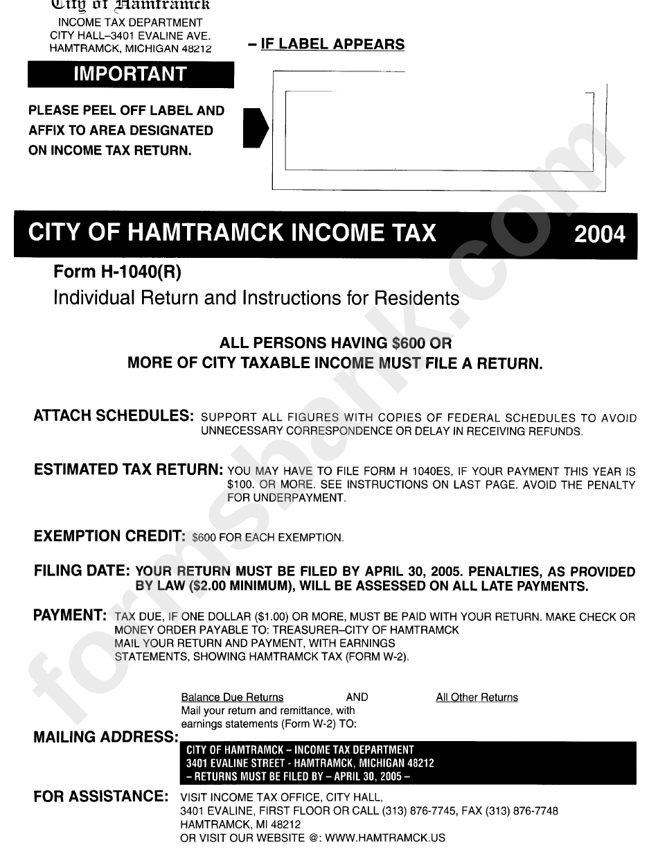 Instructions For Form H1040(R) City Of Hamtramck Tax
