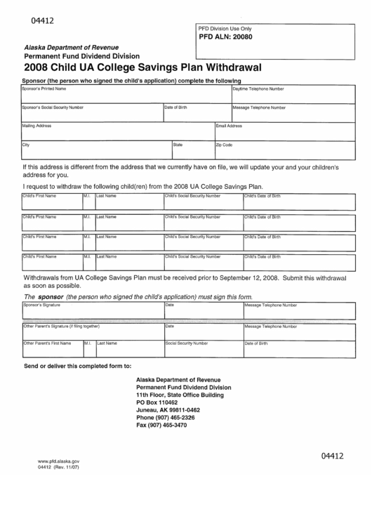 Form 04412 Child Ua College Savings Plan Withdrawal 2008 printable