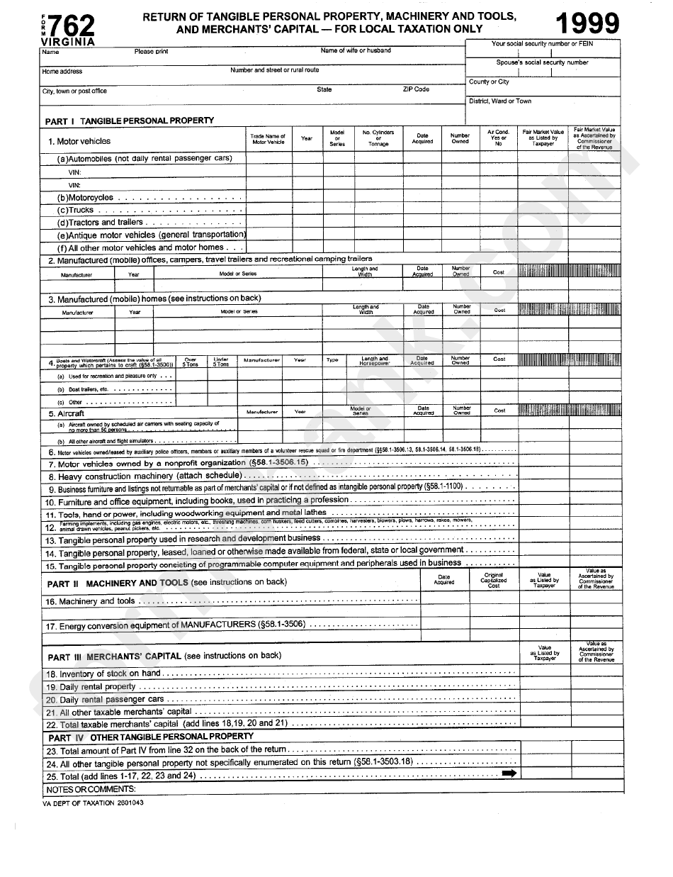 Fillable Form 762 Return Of Tangible Personal Property, Machinery And