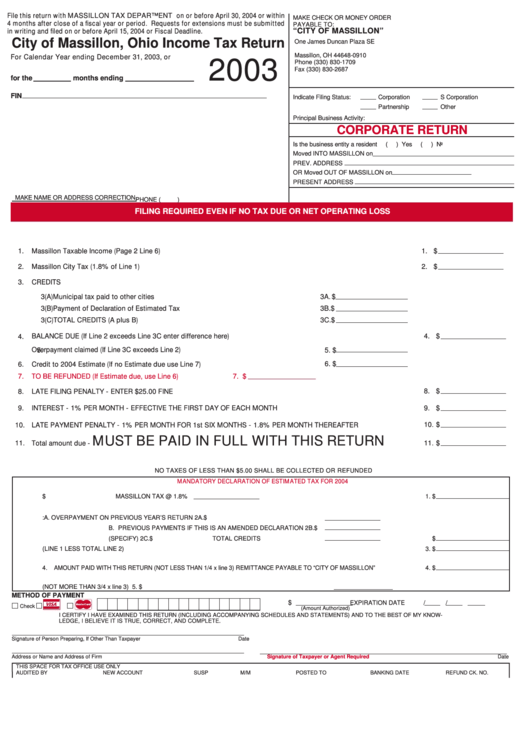 Tax Return Form Massillon Tax Department 2003 printable pdf