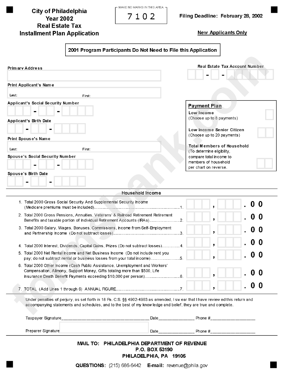 Real Estate Tax Installment Plan Application Philadelphia Department