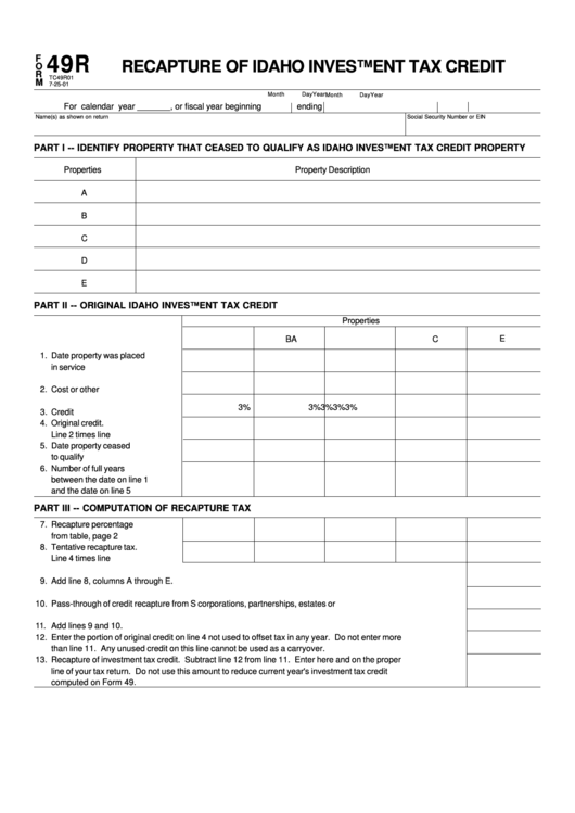 Form 49r Recapture Of Idaho Investment Tax Credit printable pdf download