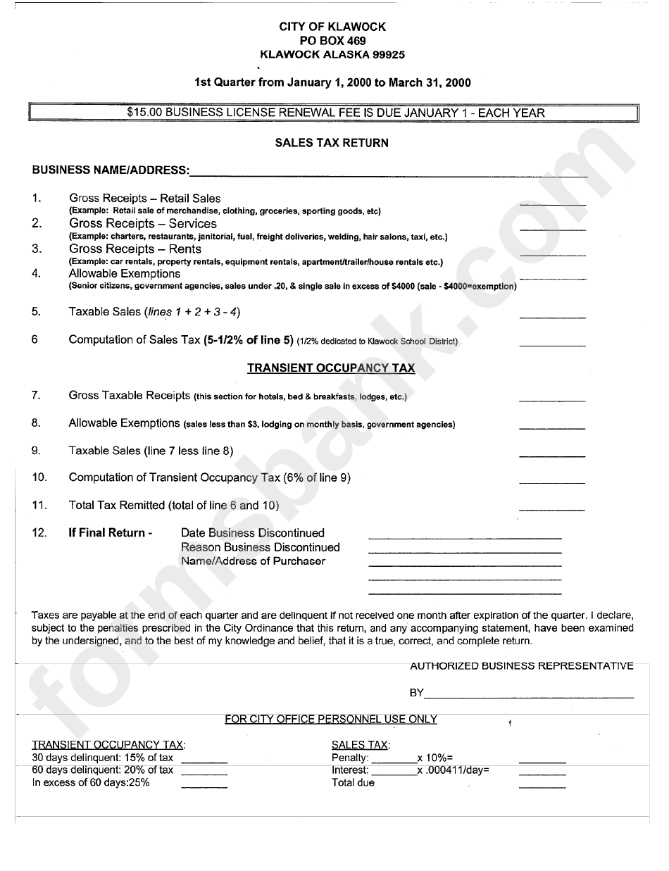 Sales Tax Return City Of Klawock 2000 printable pdf download