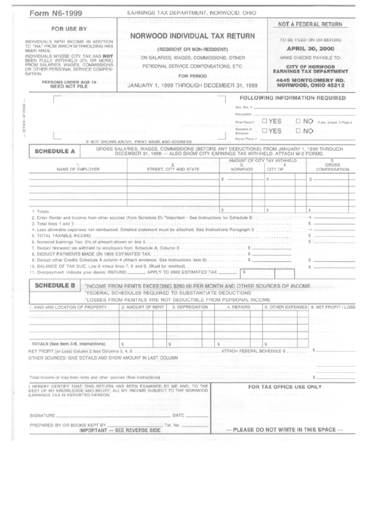 Form N61999 Norwood Individual Tax Return Ohio printable pdf download