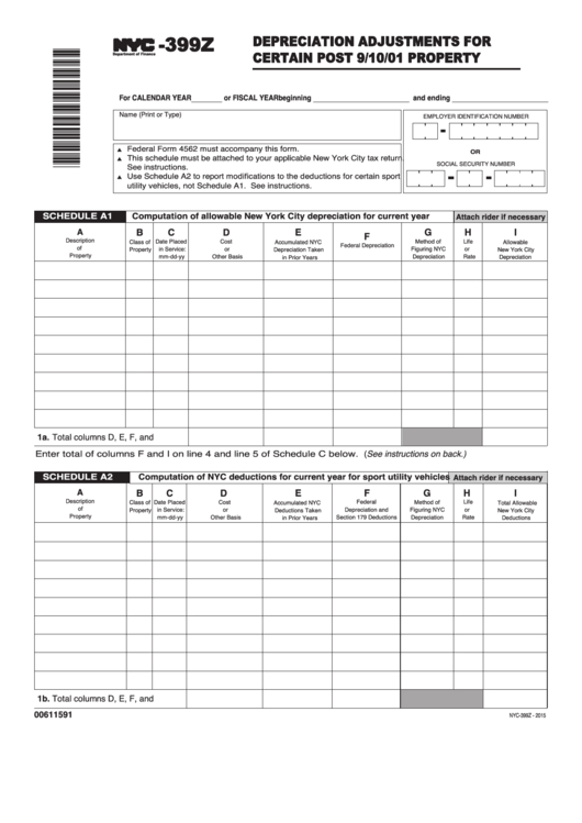 Form Nyc399z Depreciation Adjustments For Certain Post 9/10/01