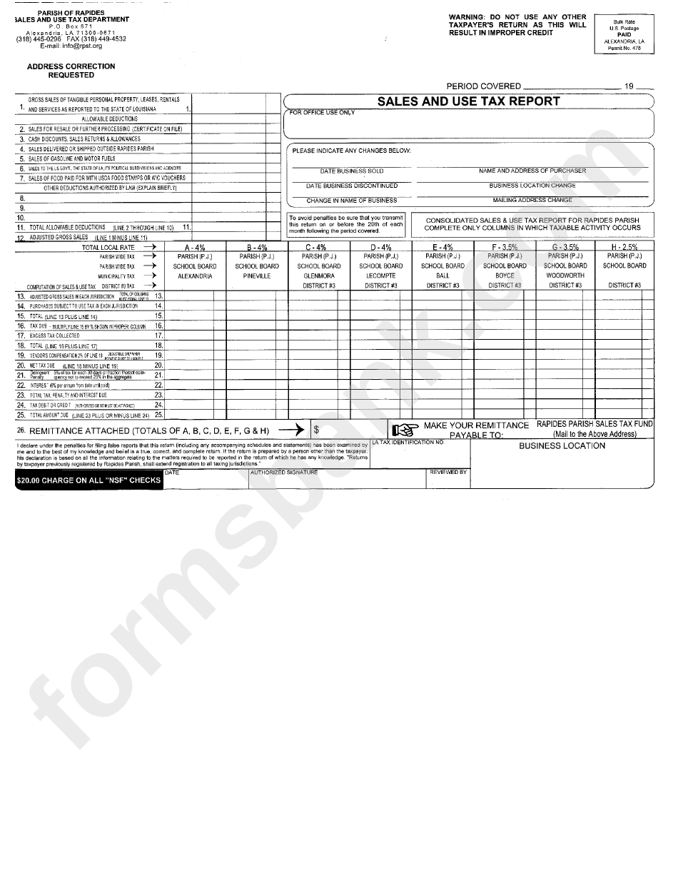 Sales And Use Tax Report Parish Of Rapides printable pdf download