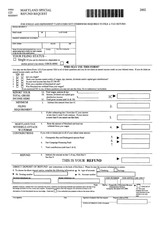 Form 123 Maryland Special Refund Request 2002 printable pdf download