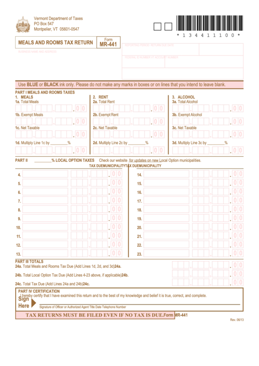 Form Mr441 Meals And Rooms Tax Return 2013 printable pdf download