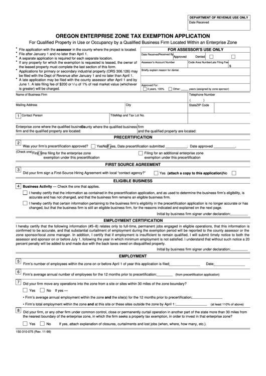 Oregon Enterprise Zone Tax Exemption Application Oregon Department Of