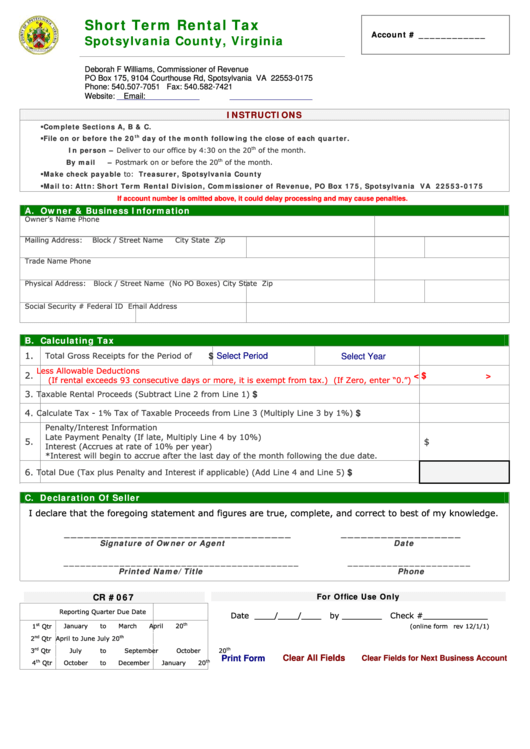 Fillable Form Cr 067 Short Term Rental Tax Spotsylvania County