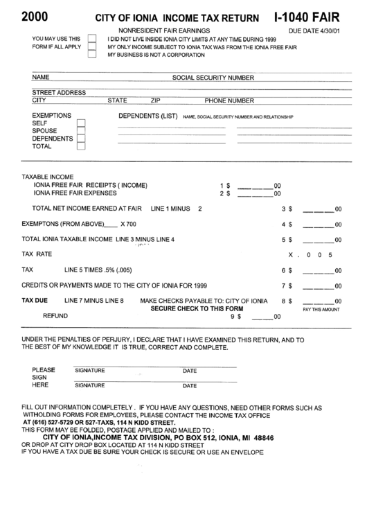 Form I1040 Tax Return City Of Ionia, 2000 printable pdf download
