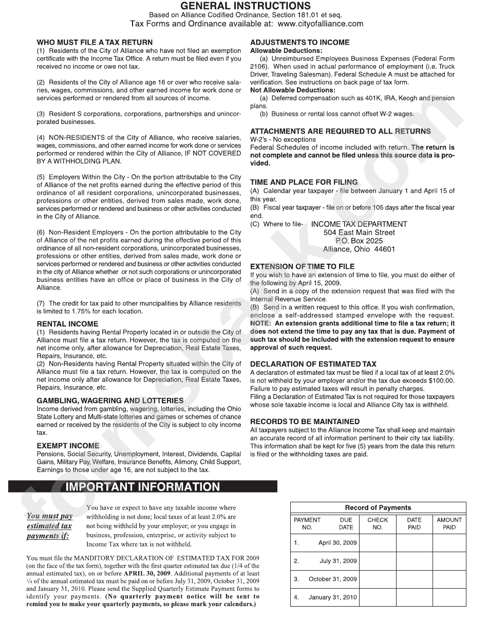 Instructions For Tax Return Form City Of Alliance printable