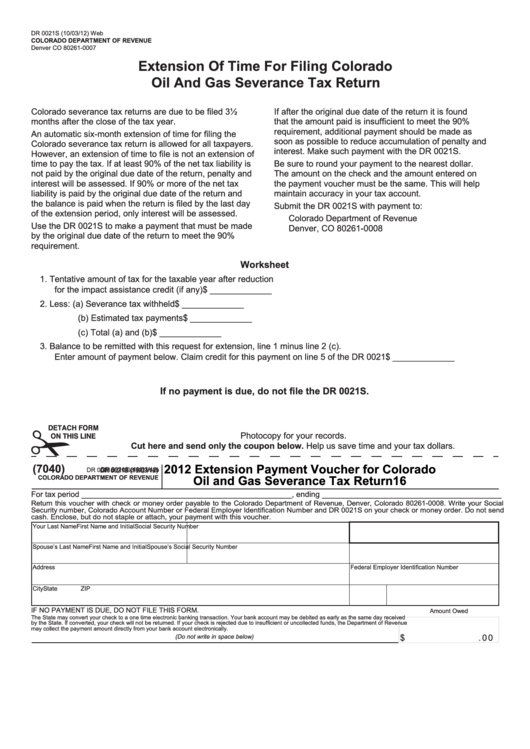 Form Dr 0021s Extension Payment Voucher For Colorado Oil And Gas