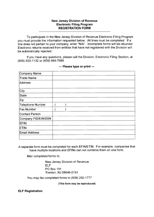 Registration Form New Jersey Division Of Revenue printable pdf download