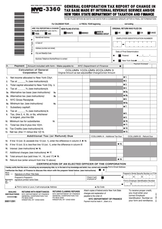 Form Nyc3360 General Corporation Tax Report Of Change In Tax Base
