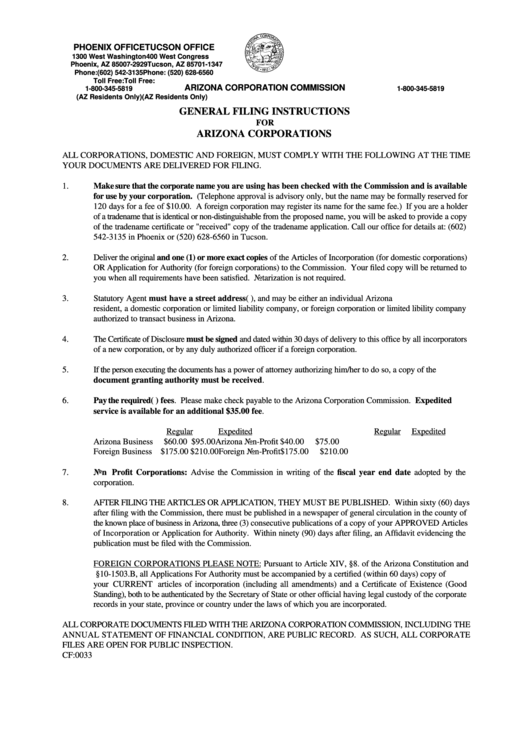 General Filing Instructions For Arizona Corporations printable pdf download