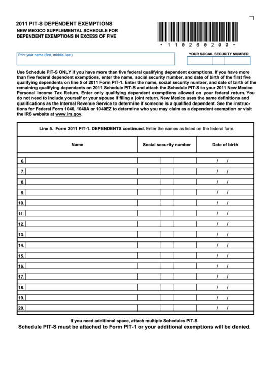 Form PitS New Mexico Supplemental Schedule For Dependent Exemptions