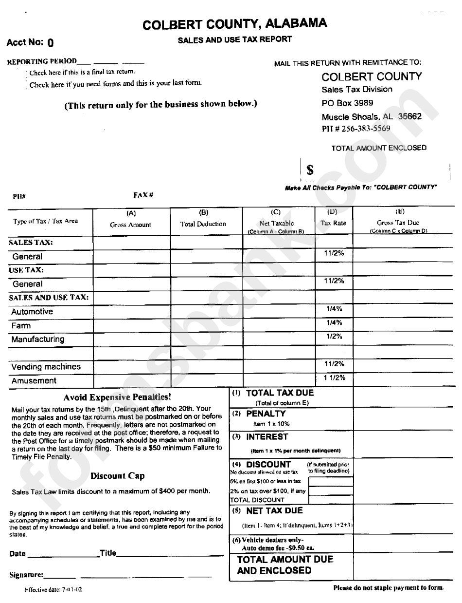 Sales And Use Tax Report Colbert County printable pdf download
