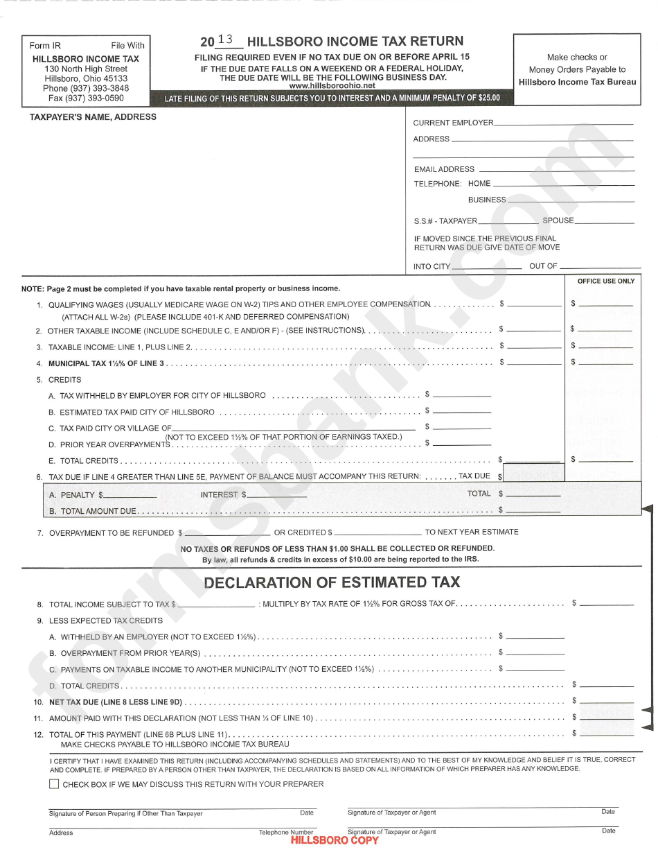 Form Ir Hillsboro Tax Return 2013 printable pdf download