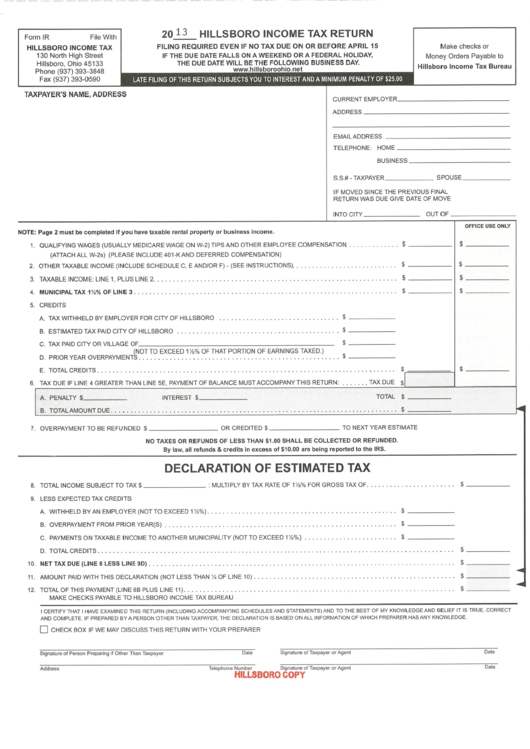 Form Ir Hillsboro Tax Return 2013 printable pdf download