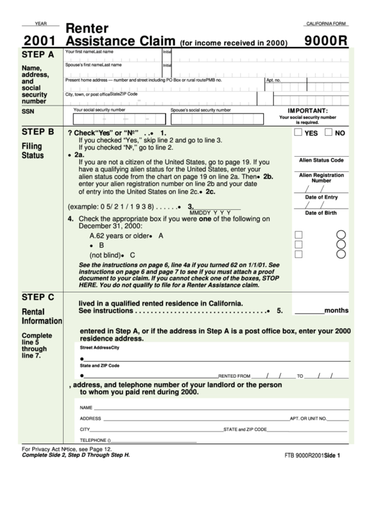 California Form 9000r Renter Assistance Claim 2001 printable pdf