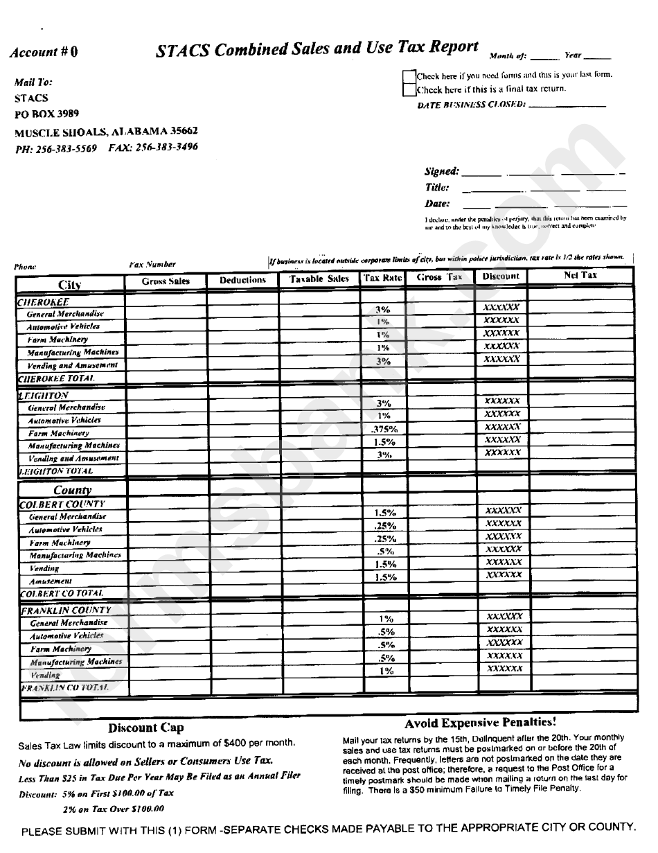 Stacs Combined Sales And Use Tax Report Muscle Shoals printable pdf