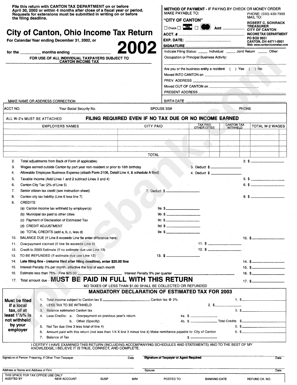 City Of Canton, Ohio Tax Return 2002 printable pdf download