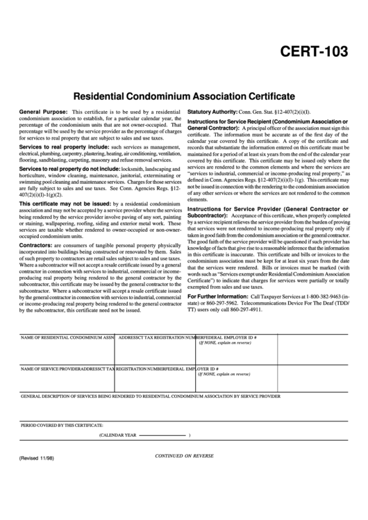 Fillable Form Cert103 Residential Condominium Association