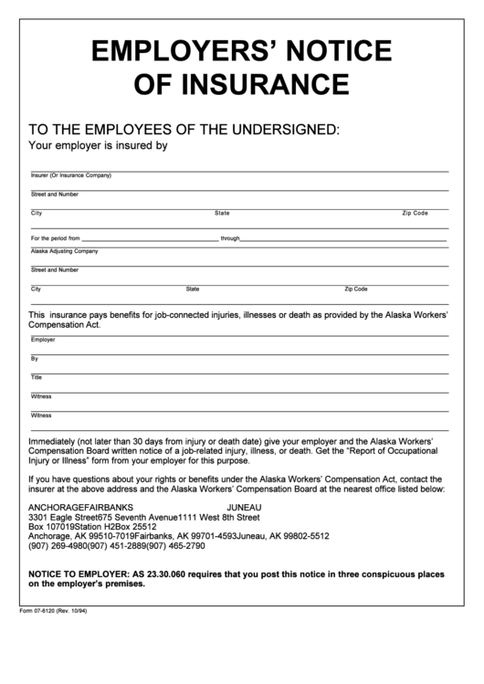 Form 076120 Employers' Notice Of Insurance printable pdf download