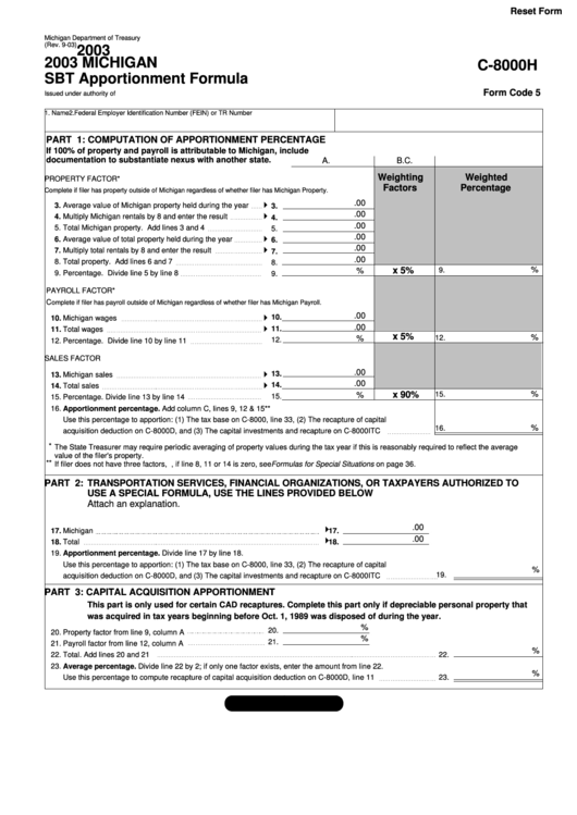 Fillable Form C8000h Michigan Sbt Apportionment Formula 2003
