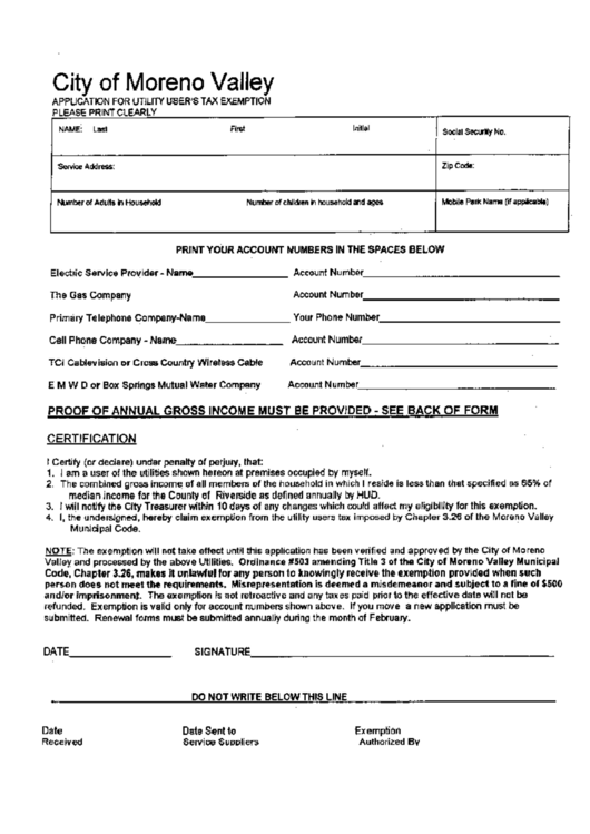 Application For Utility User'S Tax Exemption Form City Of Moreno