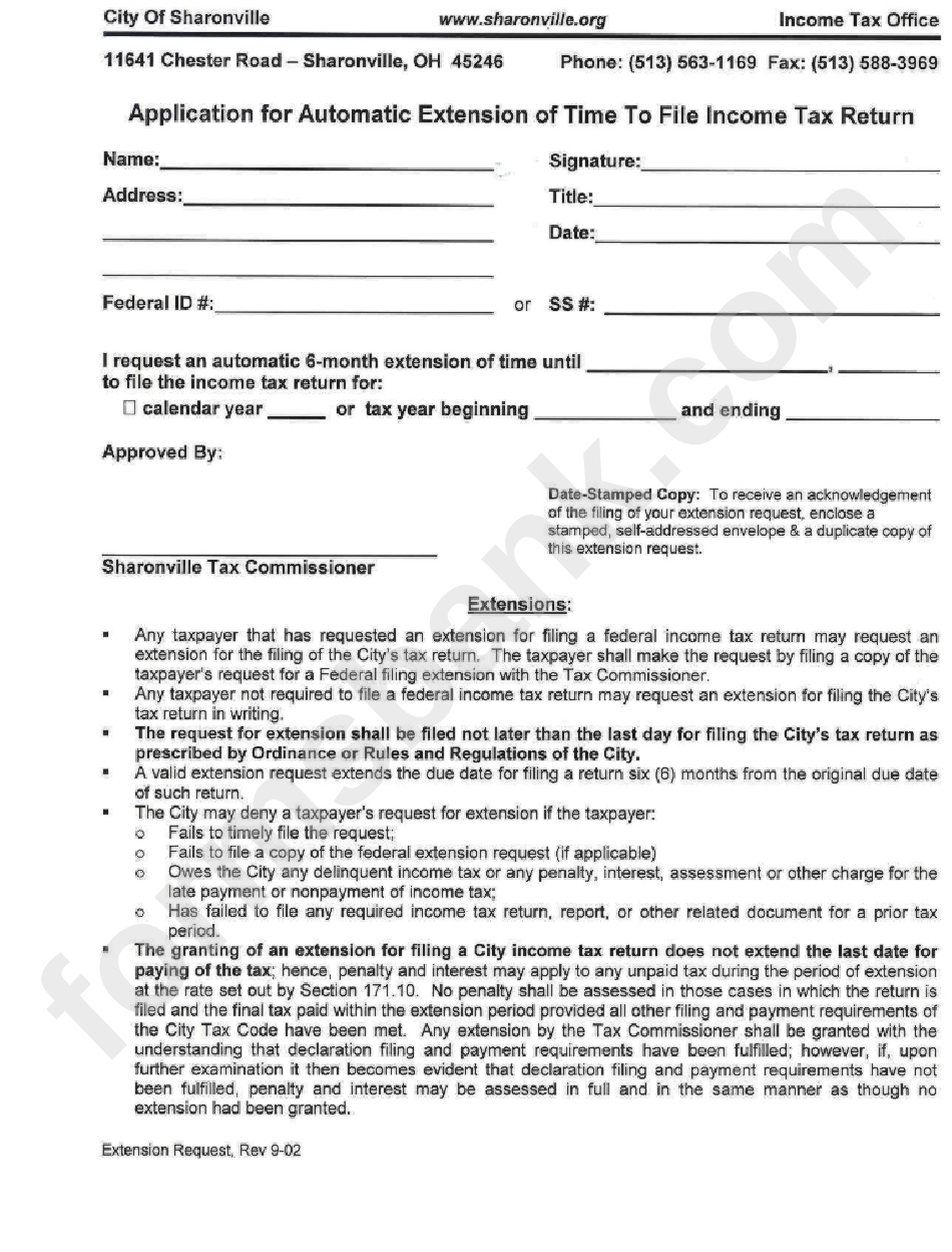 Application For Automatic Extension Of Time To File Tax Return Form City Of Sharonville
