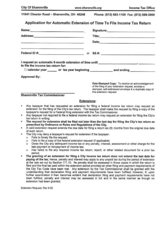 Application For Automatic Extension Of Time To File Tax Return Form City Of Sharonville