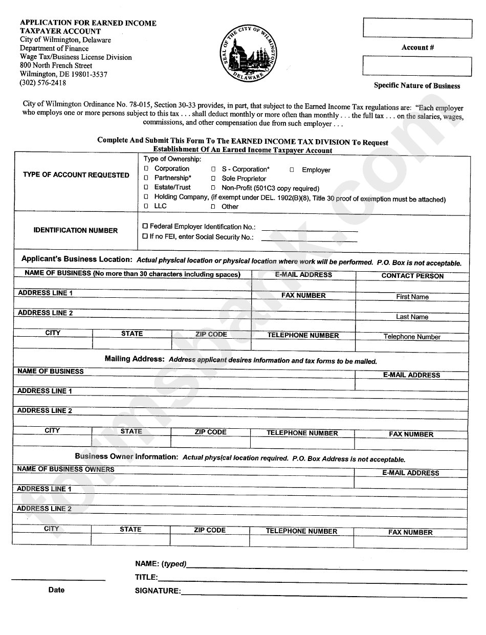 Application For Earned Taxpayer Account Form City Of Wilmington printable pdf download