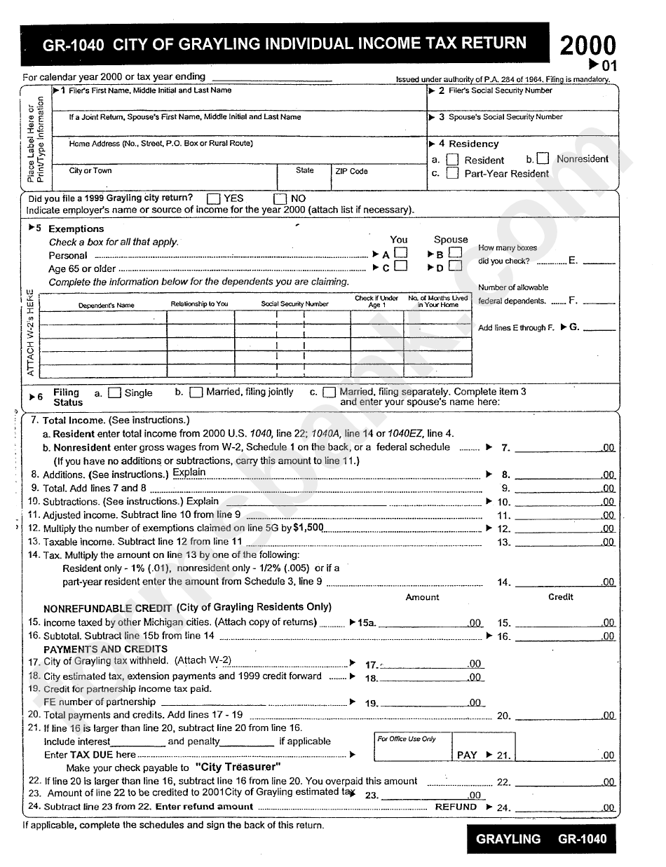 Form Gr1040 City Of Grayling Individual Tax Return 2000 printable pdf download