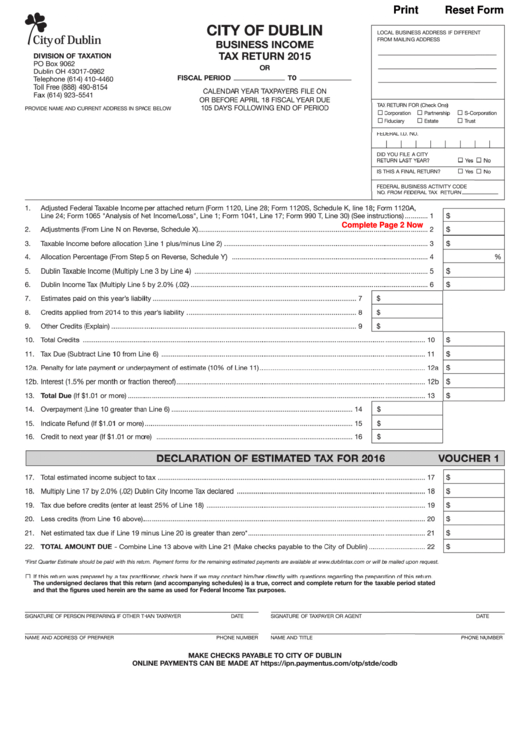 Fillable Business Tax Return City Of Dublin, 2015 printable