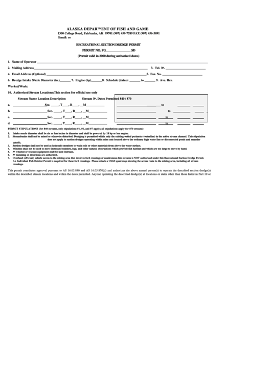 Recreational Suction Dredge Permit Form printable pdf download