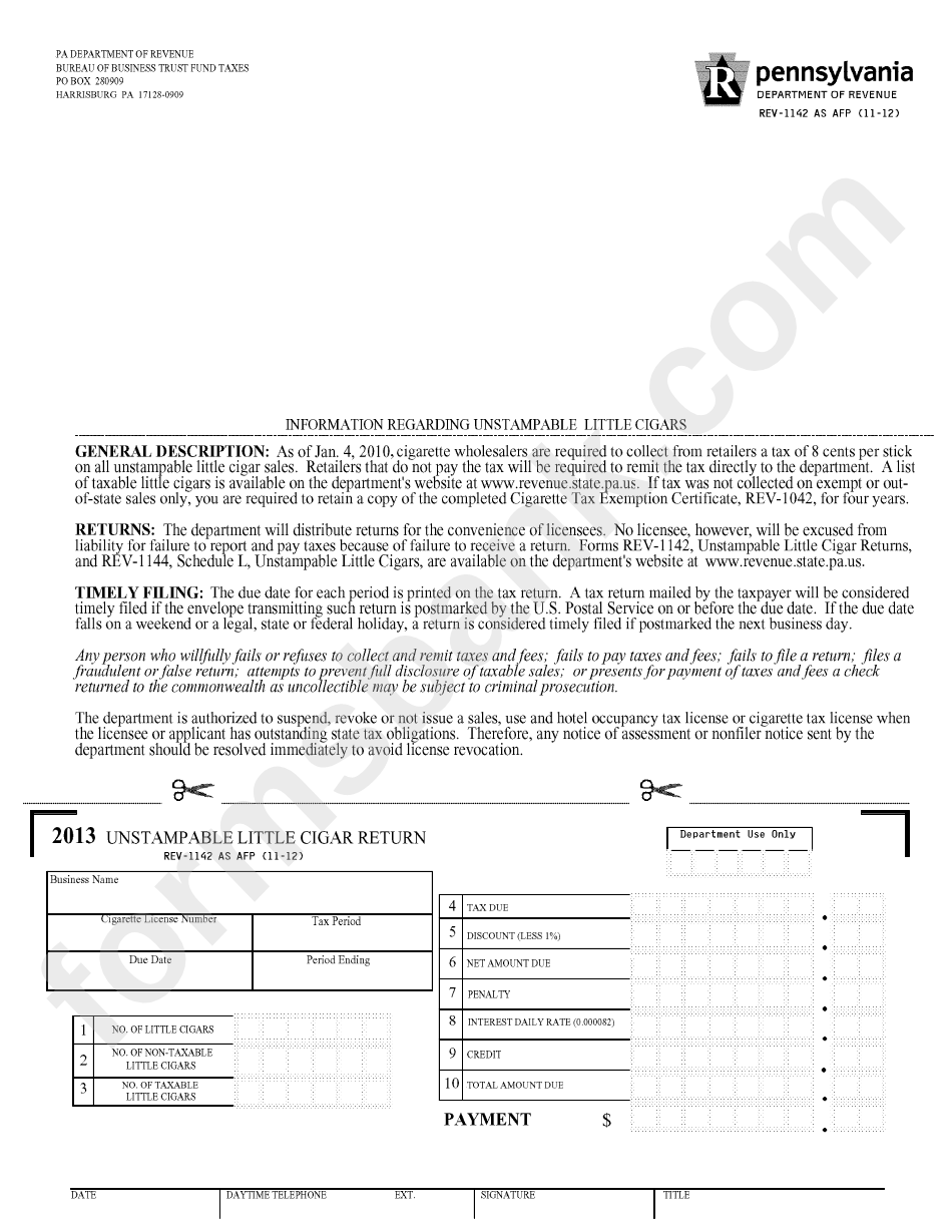 Unstampable Little Cigar Return Pa Department Of Revenue