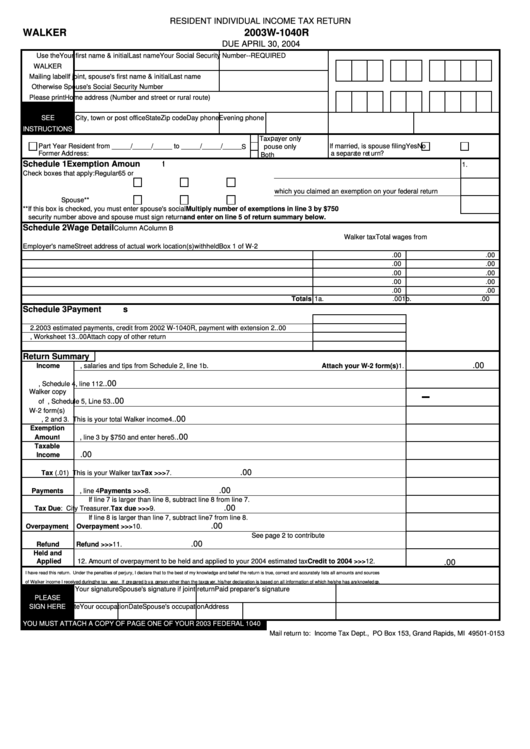 Form W1040r City Of Walker Resident Individual Tax Return