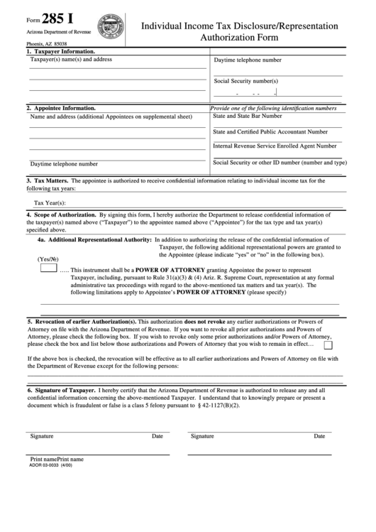Fillable Form 285 I Individual Tax Disclosure/representation Authorization Form 2000