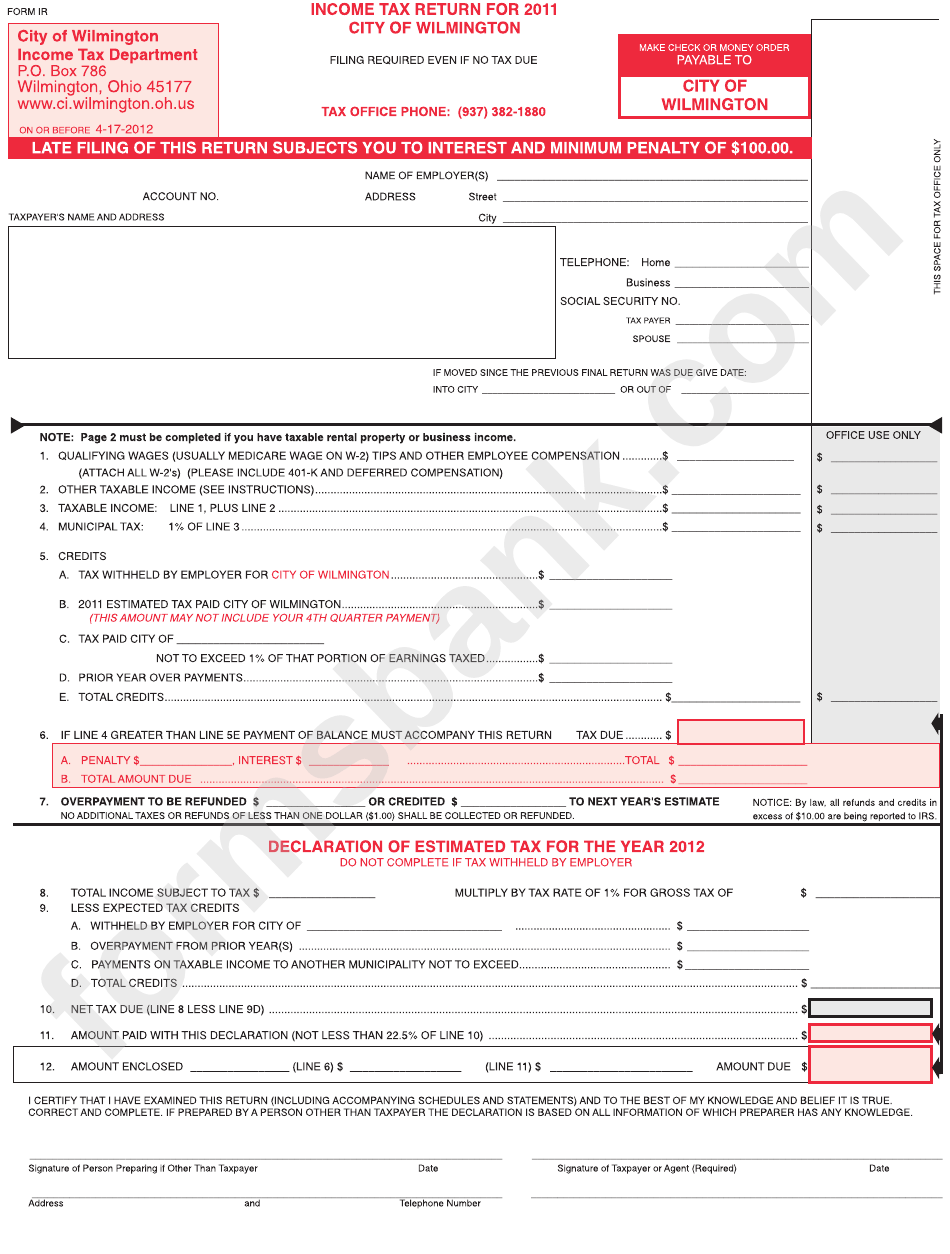 Form Ir Tax Return City Of Wilmington 2011 printable pdf